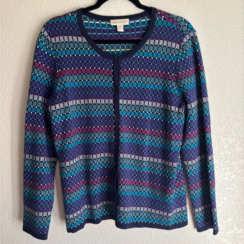 Artsy Purple Pink Blue Geometric Stripe Plaid Cotton Blend Cardigan Sweater